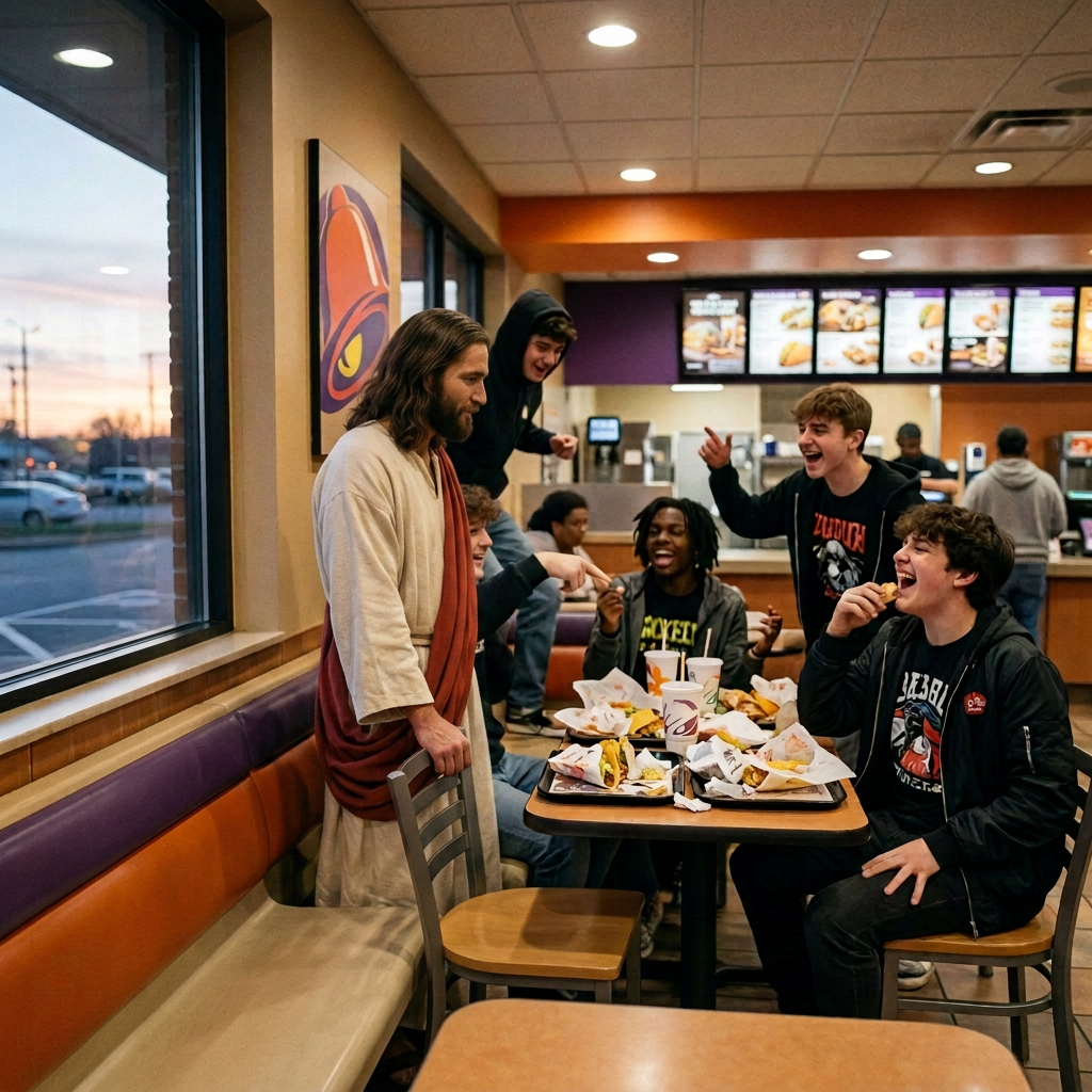 Group of young people eating and laughing at a Taco Bell restaurant with one man dressed as Jesus holding a drink