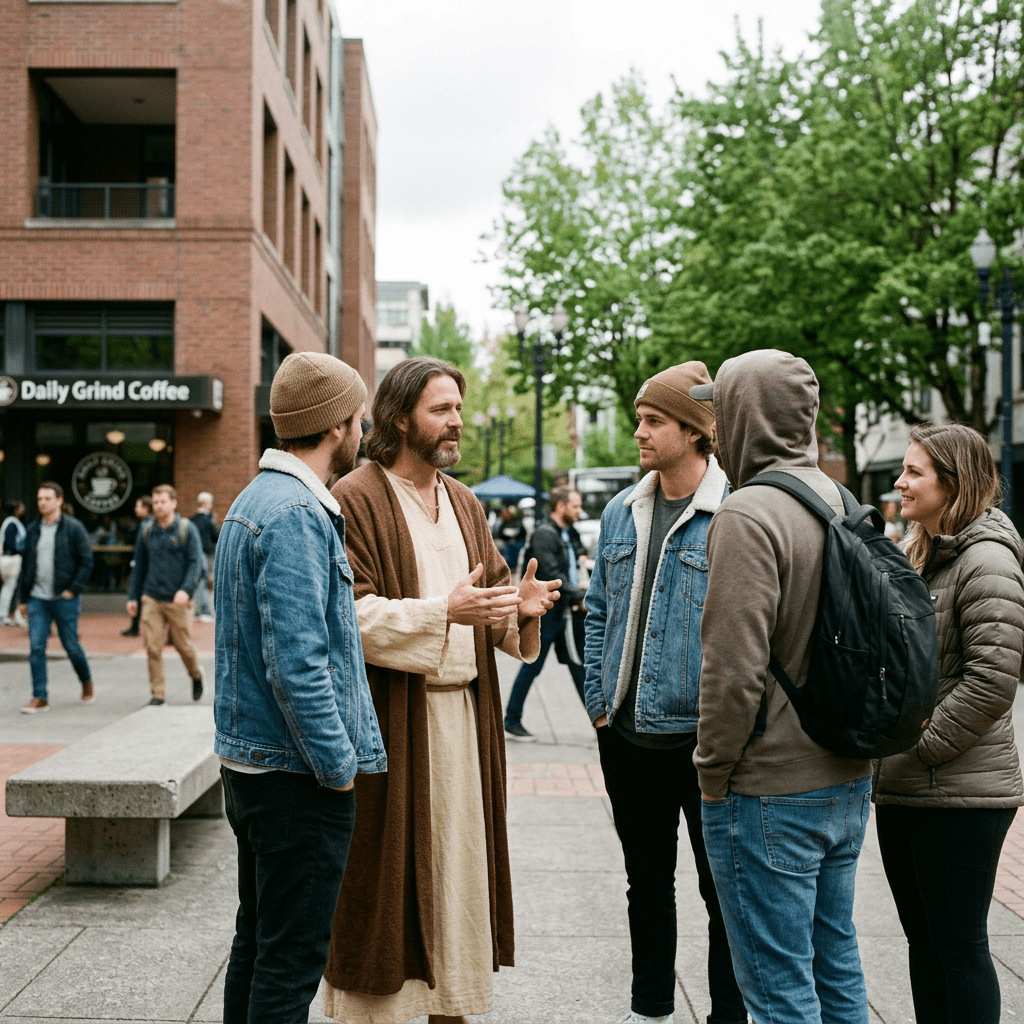 Four adults converse outside Daily Grind Coffee on a tree-lined city sidewalk