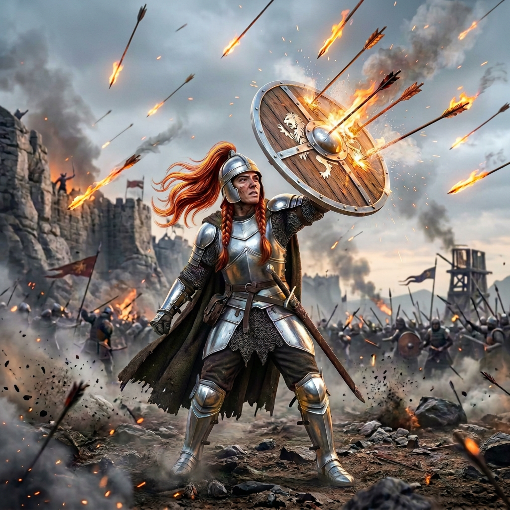 Fantasy warrior defending castle under siege Armored warrior deflecting flaming arrows during a castle siege