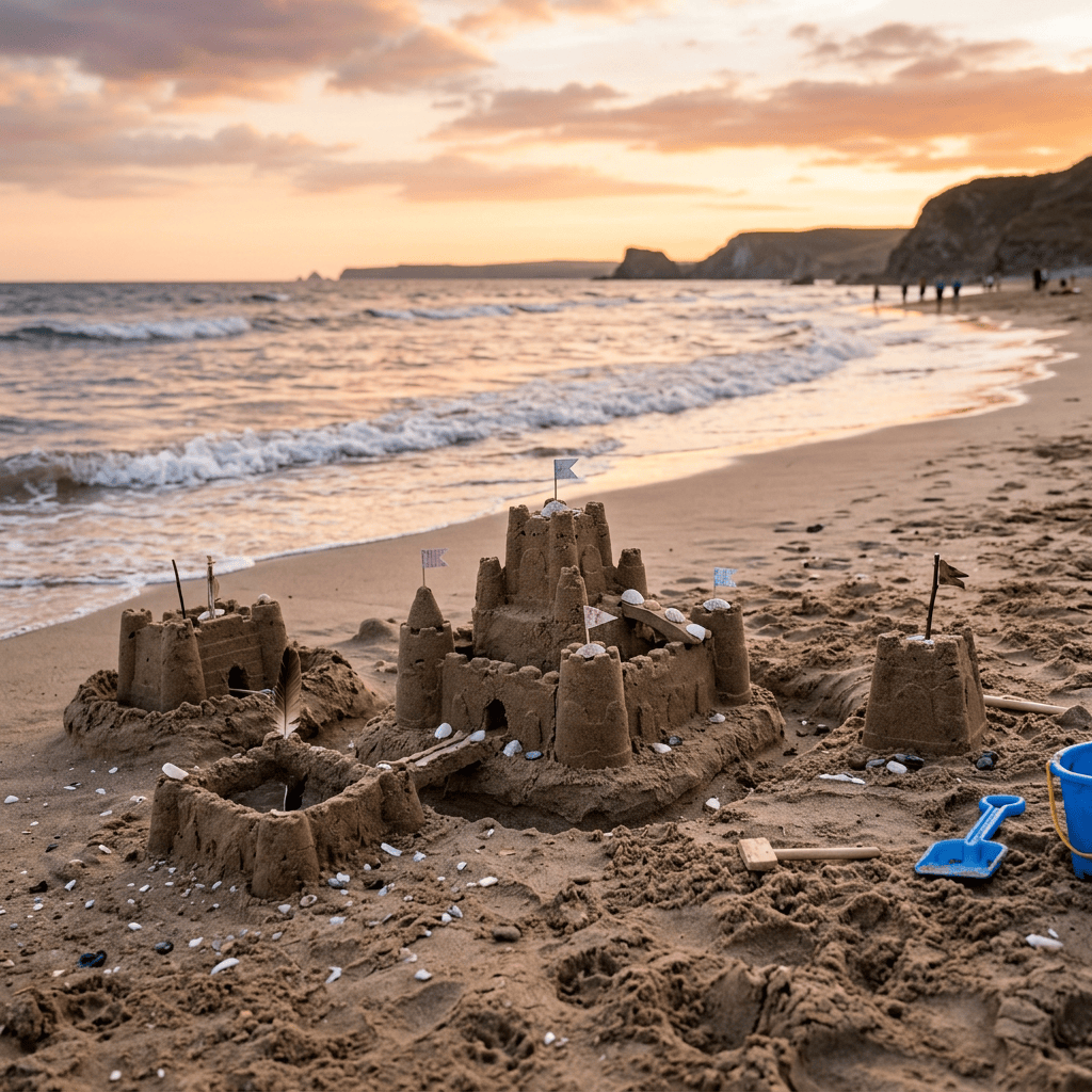 Elaborate sandcastle with flags and shells on a beach at sunset